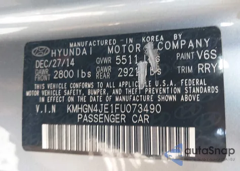 2015 Hyundai Genesis 3.8 from USA, damaged, VIN KMHGN4JE1FU073490